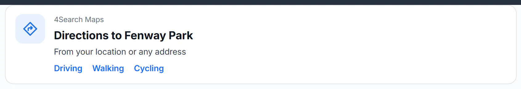 An All search for directions to Fenway Park: a Maps card with Driving, Walking and Cycling links appears above the results